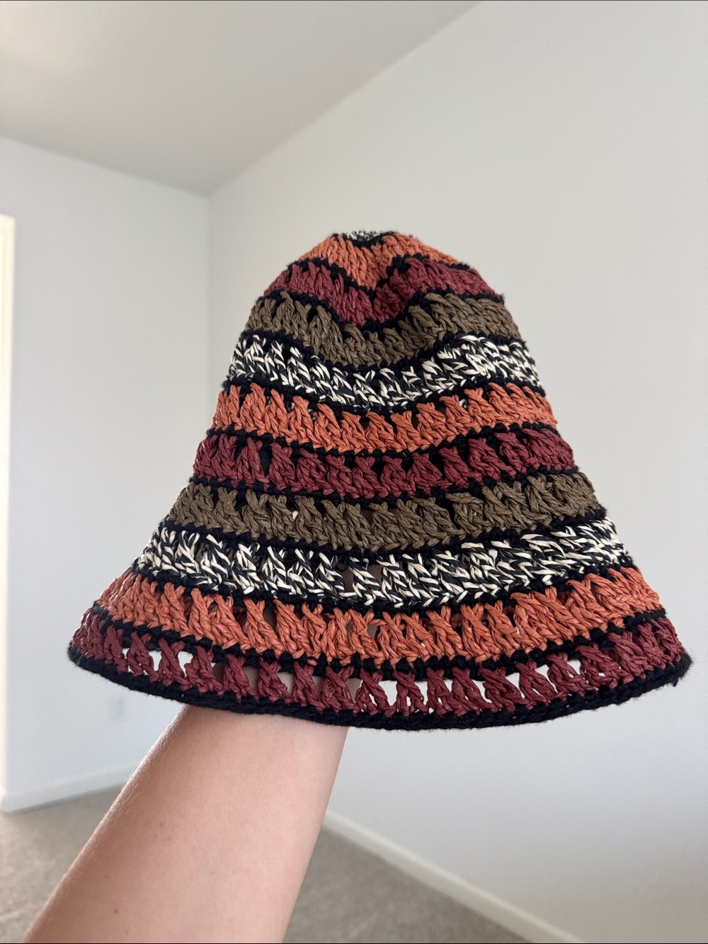 Zara Crocheted Stripe Bucket Hat - Rust, Olive & Black